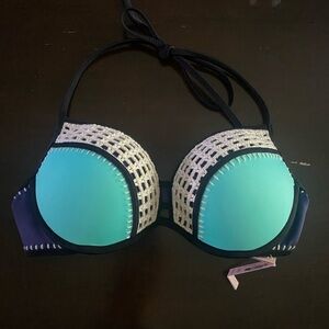 Victoria’s Secret Swim The Hottie Halter Bikini Top Only Teal White Blue NWT 34C